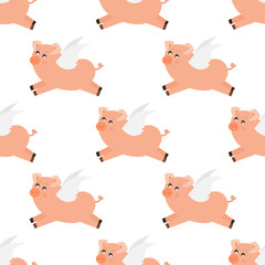 Flying  cute pig with wings seamless pattern. Pattern design for printing, texture, cover design. Vector Illustration. .