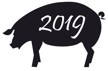Black & White sketch of pig with 2019 number.
