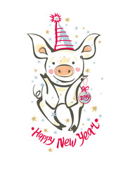 Card with funny little pig in a festive cap sits with a Christmas ball. 2019 Happy New Year. Vector illustration in sketch style. New 2019, Chinese year of the pig.
