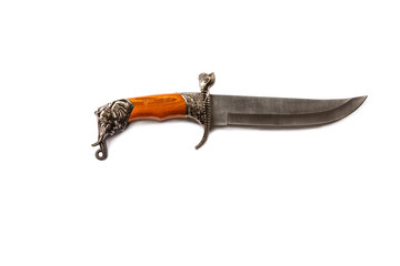 Curved ceremonial dagger knife with a decorative sheath isolated on a white background. Vintage dagger on a white background. Dagger mockup on white.