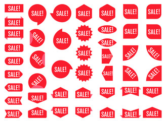 Sale sticker set. Red promotion labels.  Modern vector flat style illustration isolated on white background. Red promotion labels for sale actions.