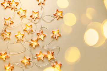 Star shaped Christmas lights. Festive decorations with copy space