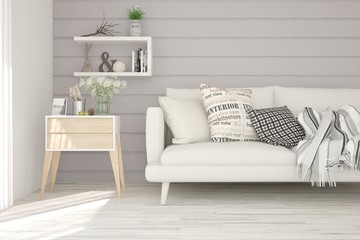Idea of white minimalist room with sofa. Scandinavian interior design. 3D illustration