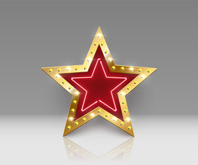Shiny golden star sign with light bulbs and neon with mirror reflection on gray background. Vector illustration.