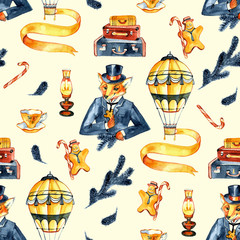 Seamless pattern. Christmas Fox in a suit and a top hat. Gentlemen's Christmas. Vintage style, old England, steampunk. Watercolor illustration isolated on white background.