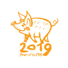 Year of the Pig 2019 hand drawn illustration with pig and handwritten 2019. Yellow stamp. Vector template New Year's design on the Chinese calendar.