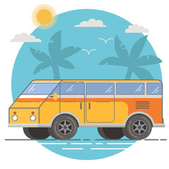 Retro vintage van for trips. A summer tropical landscape with palm trees and the sun. Flat vector. A concept of design of a banner for the website with the vehicle.Rest on a holiday on a camping