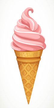 Soft pink fruit or berry ice cream in cone isolated on a white background