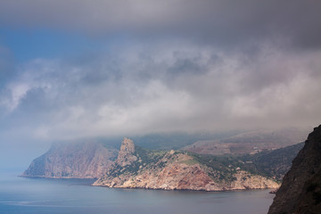 Picturesque view of Black Sea coastline, Crimean mountains and Balaklava bay, Crimea, Russia.