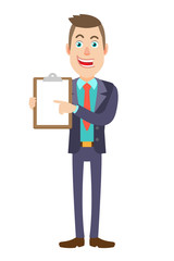 Businessman pointing at clipboard