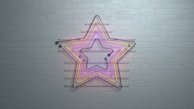 Zoom out of neon light star on brick wall. The last 5 seconds are seamless loop. 3D render animation