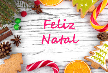 Greeting card with text Merry Christmas in Portugal.