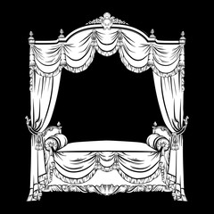 Vector illustration of baroque bed with baldachin made in hand drawn sketch style. Beautiful furniture design. Template for business car, poster, banner, print, placard. © varvarabasheva