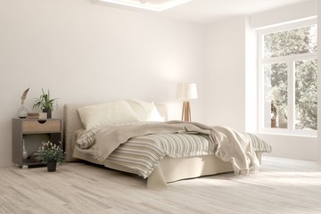 White bedroom with summer landscape in window. Scandinavian interior design. 3D illustration