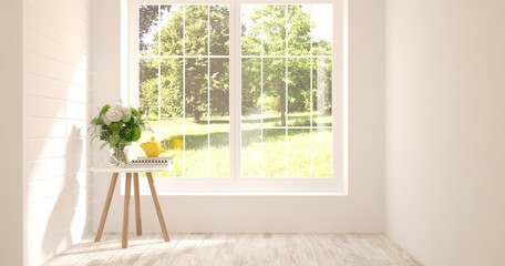 White empty room with summer landscape in window. Scandinavian interior design. 3D illustration