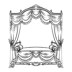 Vector illustration of baroque bed with baldachin made in hand drawn sketch style. Beautiful furniture design. Template for business car, poster, banner, print, placard. © varvarabasheva