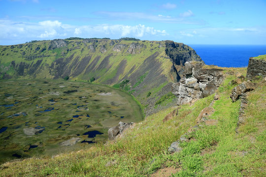 Incredible Crater Lake of Rano Kau with a Gap at the Southern End of Crater Wall Showing Pacific Ocean, Easter Island, Chile, South America 