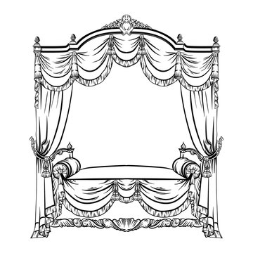 Vector illustration of baroque bed with baldachin made in hand drawn sketch style. Beautiful furniture design. Template for business car, poster, banner, print, placard.