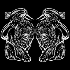 Vector  hand drawn illustration of chimera . Mythological magic religion victorian motif, tattoo design element. Heraldry and logo concept art. Template for card poster banner print for t-shirt. - obrazy, fototapety, plakaty