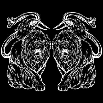 Vector  hand drawn illustration of chimera . Mythological magic religion victorian motif, tattoo design element. Heraldry and logo concept art. Template for card poster banner print for t-shirt.