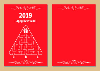 Color New Year greeting card with a triangular maze. Find the right path to the gift. Game for kids. Puzzle for children. Maze conundrum. Vector illustration. Vintage style.