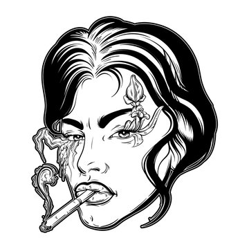 Vector portrait of young woman with cigarette made in hand sketched style. Artwork in Noir style. Tattoo realistic art. Character design. Template for card poster banner print for t-shirt.