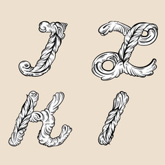 Letters  " I, J, K, L" .Fairy hand drawn  cute font in baroque style. Unique lettering with curls, swirls, scrolls.  Hand written type for cards poster banner print.