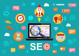 SEO optimization, web analytics design. A set of measures to increase the visibility of the site in search engines for targeted search queries. Vector illustration