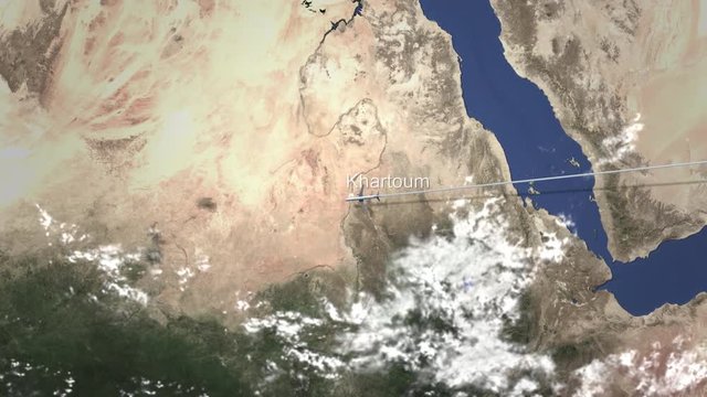 Airliner flying to Khartoum, Sudan from east, 3D animation 