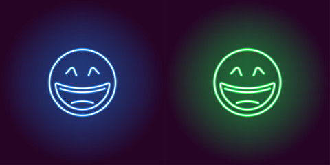 Neon illustration of laughing emoji. Vector icon