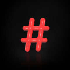 Obraz premium Glossy red paint # sign, hashtag of balloon isolated on black background, 3d rendering illustration