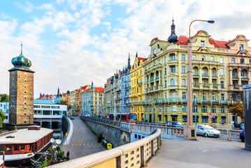 Prague old buildings, view from Jirasek Bridge near the Dancing 
