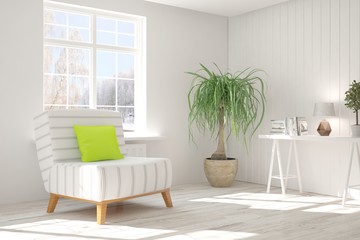 White room with armchair and winter landscape in window. Scandinavian interior design. 3D illustration