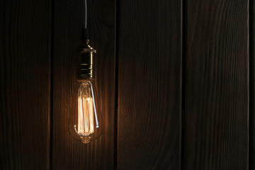 The light bulb illuminates on wooden background
