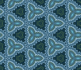 Seamless hexagonal pattern from turquoise, green and blue geometrical abstract ornaments on a dark background. Vector illustration can be used for textiles, wallpaper and wrapping paper
