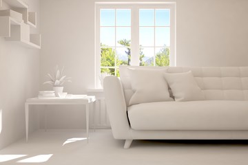 White room with sofa and green landscape in window. Scandinavian interior design. 3D illustration