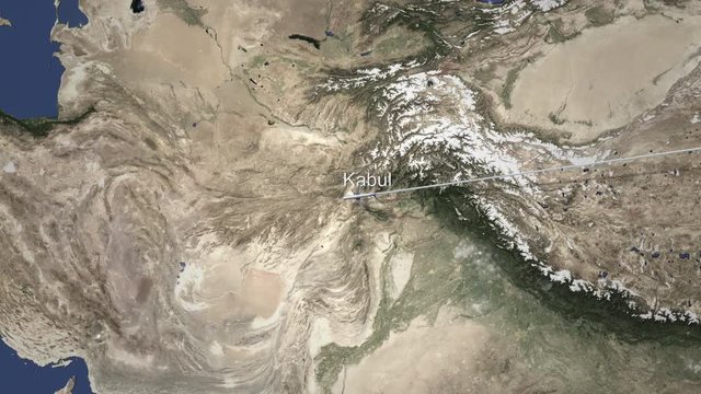 Airliner flying to Kabul, Afghanistan from east, 3D animation 