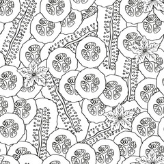 Monochrome. Seamless pattern. Cucumbers in section. Endless image. Hand-drawn. Vector illustration.