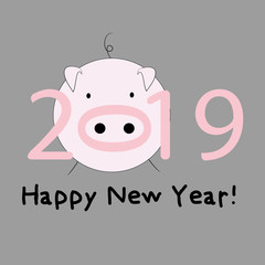 Pink Pig. Happy new year 2019! Year of the pig.  Vector illustration on light grey background