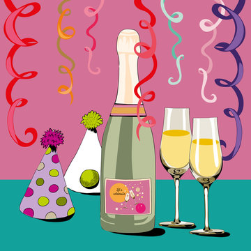 Party hats with champagne. happy New Year 2019. Vector illustration of party items with confetti on pink background