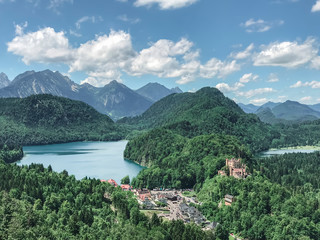 top view of the old castle, mountains, lake and forest hills, Schwangau, Germany