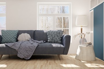 White room with sofa and winter landscape in window. Scandinavian interior design. 3D illustration