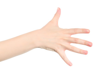 Woman hand isolated on white background showing five.