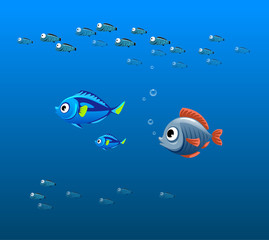 vector illustration of fish in the water, sea underwater, shoal of fishes