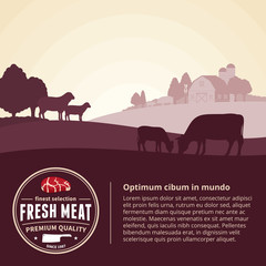Vector farm fresh meat illustration with rural landscape and farm animals. Modern style butchery label. Butcher's shop or farming design elements.