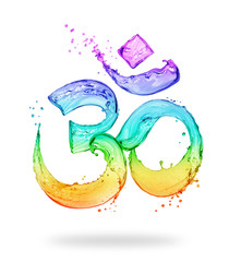 Hindu sign Om made of colored water splashes on white background - obrazy, fototapety, plakaty