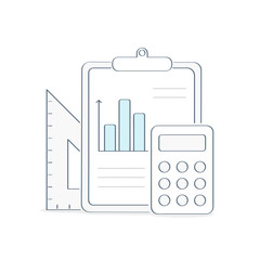 Tools for calculations, mathematical measurements, financial and technical planning and analysis. Clipboard with bar graph diagram, triangular ruler and calculator