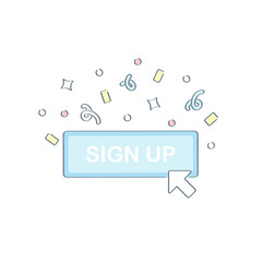 Sign in or sign up, login, registration, login button with cursor and confetti. Subscribe concept, content updates and news feed icon