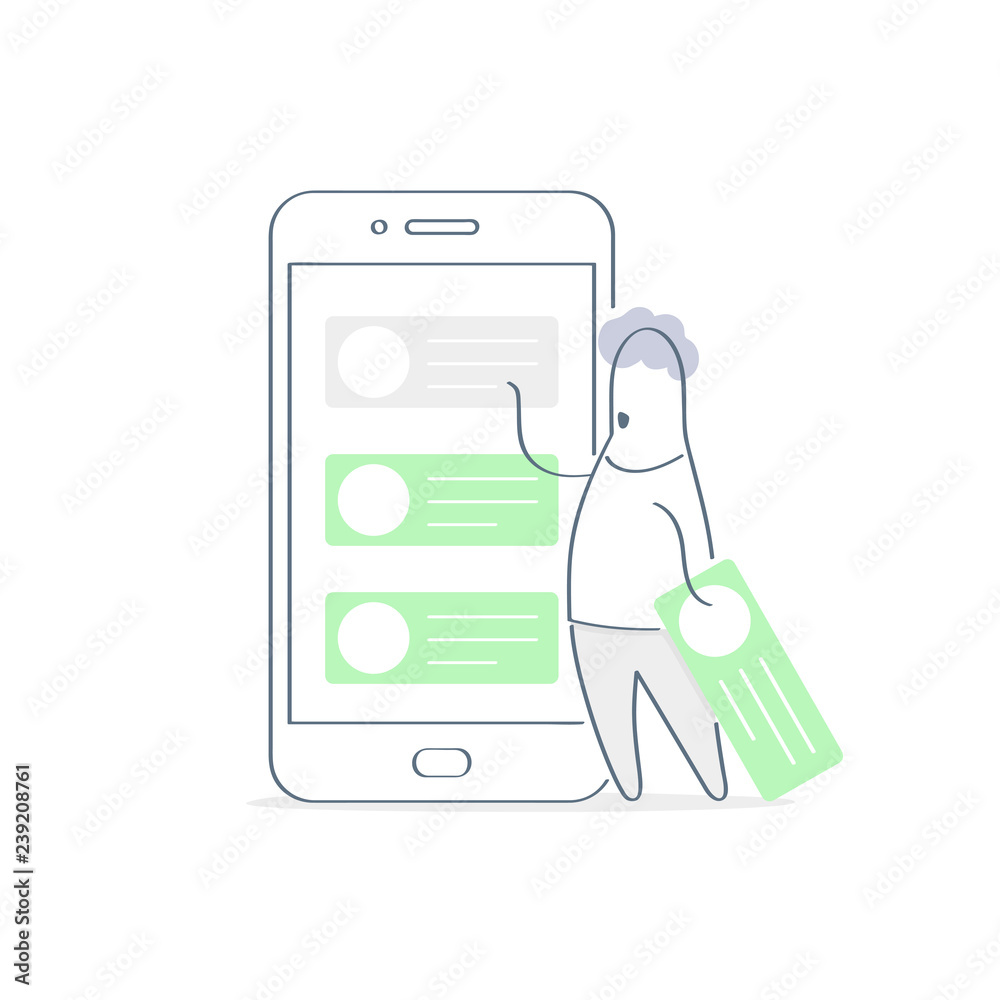 Aufkleber application development process, smartphone interface screen with list of task cards, manager holdin