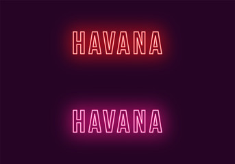 Neon name of Havana city in Cuba. Vector text